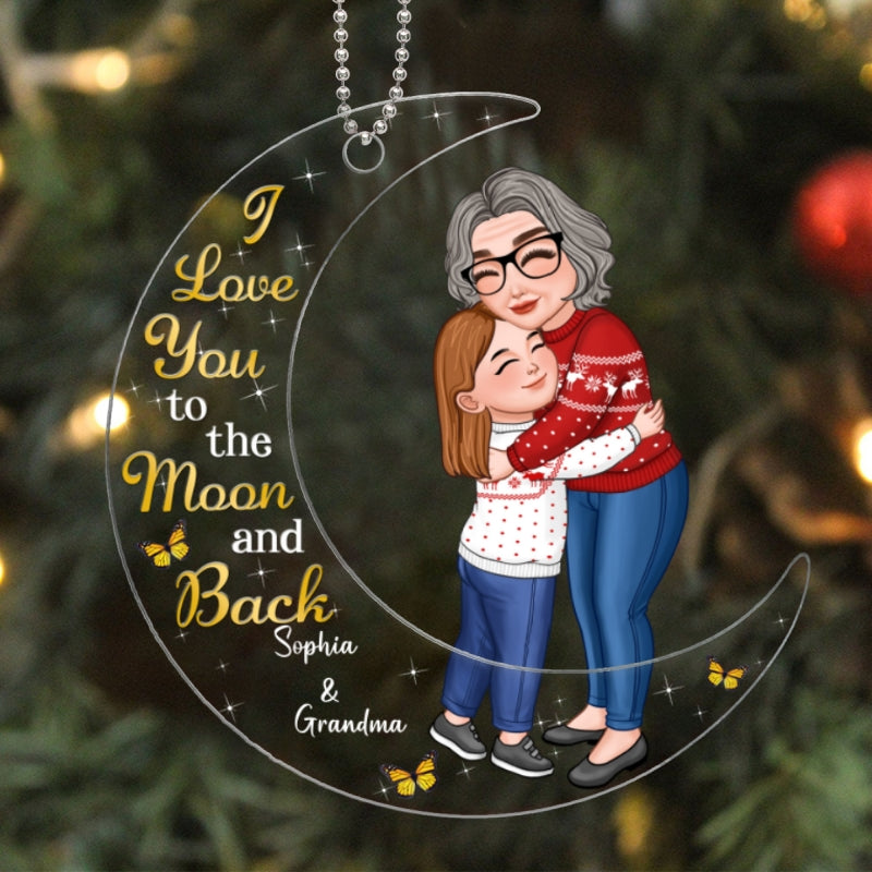 Grandma & Granddaughter Grandson Hugging On Moon Personalized Acrylic Ornament
