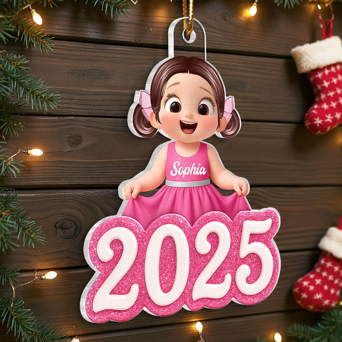 Cute Little Doll Girl 2025 - Personalized Acrylic Ornament - Christmas Gift for Kids, Grandkids