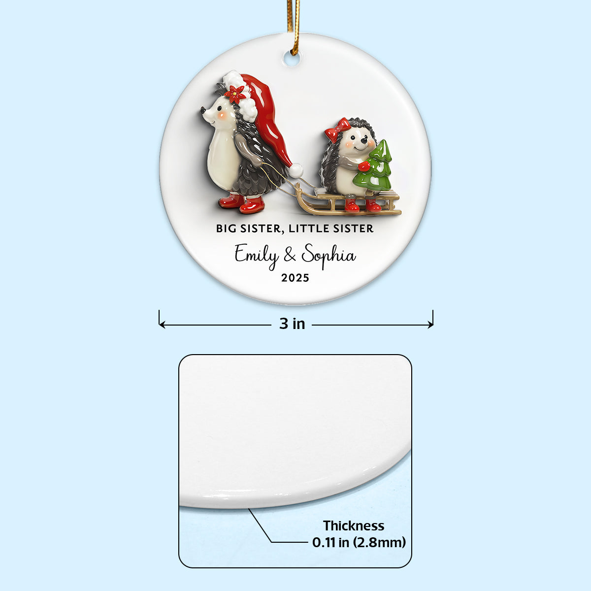 Big Sister Little Sister 3D Effect Cute Hedgehog - Personalized Ceramic Ornament - Proud New Big Sister Gift For Daughter, Granddaughter