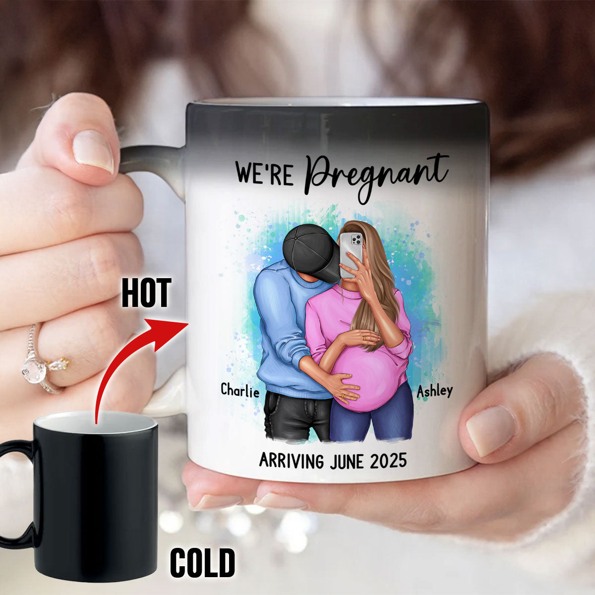 We’re Pregnant Secret Message, Hugging Couple, Hidden message Personalized Color Changing Mug, Pregnancy Reveal, Pregnancy Announcement, Baby Announcement