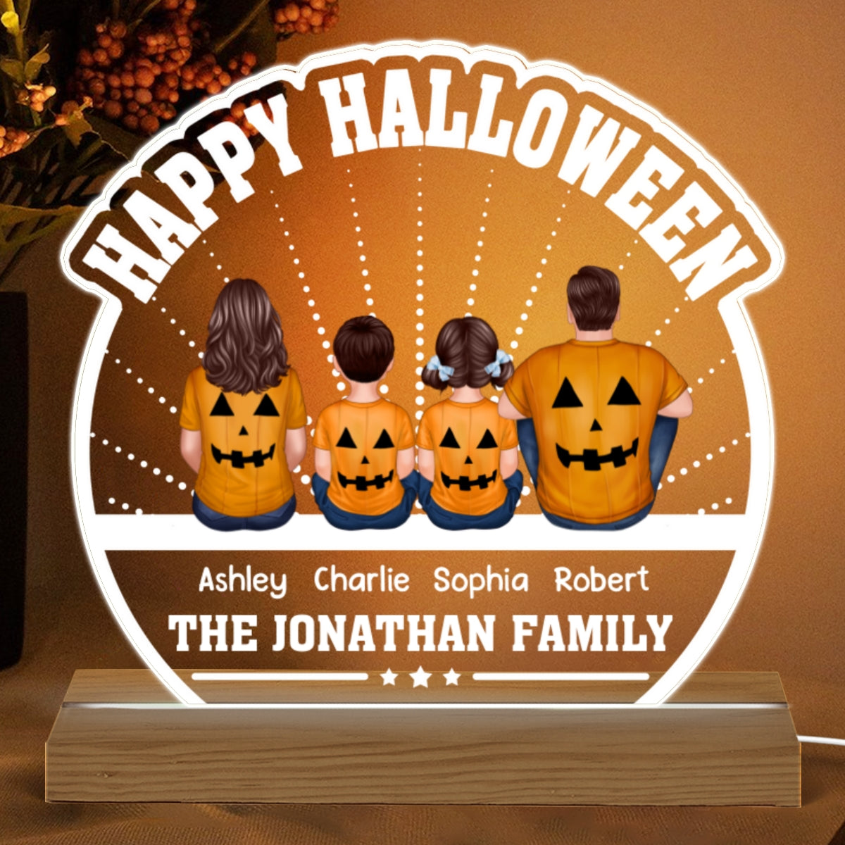 Happy Halloween Back View Family Personalized Custom Shaped Acrylic Plaque With LED Night Light