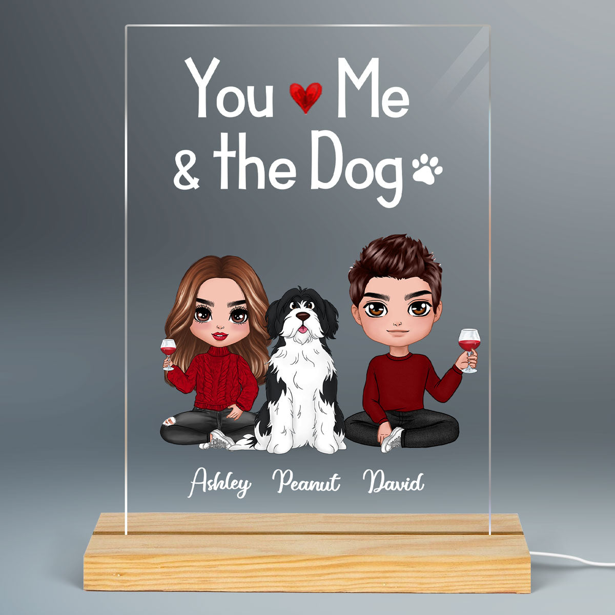 Doll Couple Sitting With Dogs You Me And The Dogs Personalized Rectangle Acrylic Plaque LED Lamp Night Light