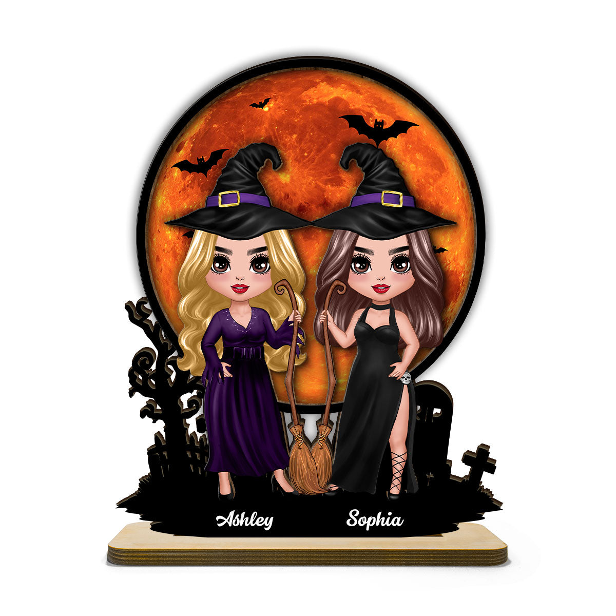 Witch Besties Halloween Moon Tabletop Tier Tray Wicca Pagan Decor Personalized 2-Layer Standing Wooden Plaque