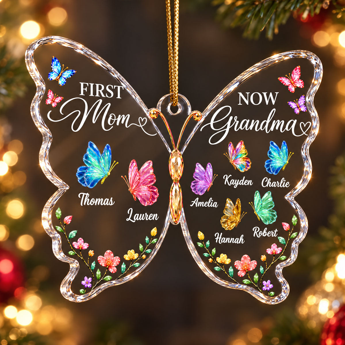 First Mom Now Grandma Butterfly - Personalized Acrylic Ornament - Christmas Gift for Mom, Grandma