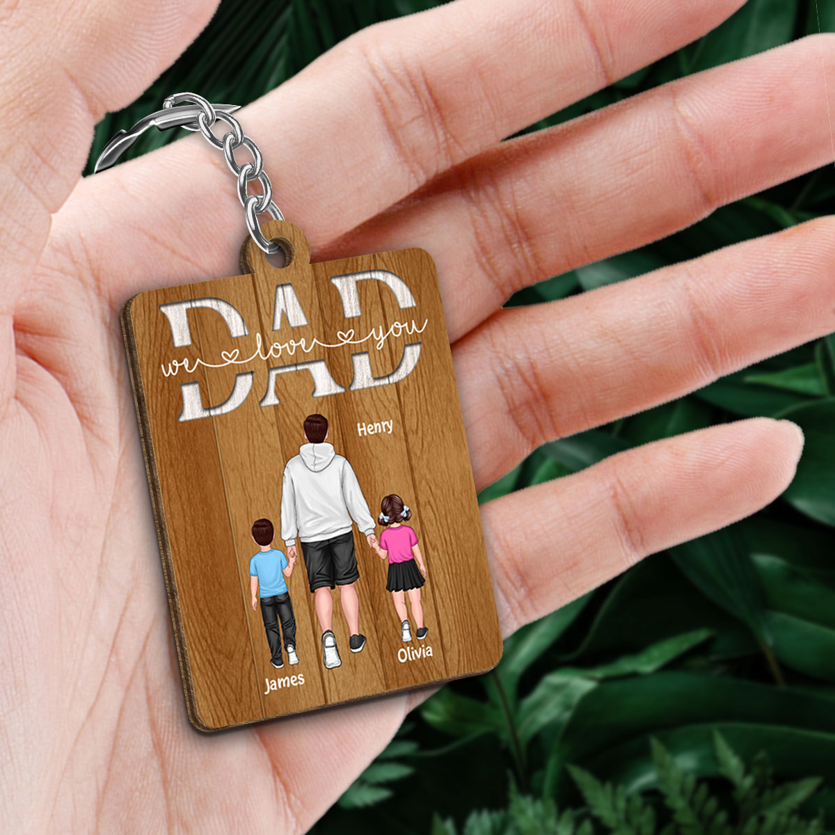 We Love You Dad Back View Dad And Kids Walking Personalized Wooden Keychain