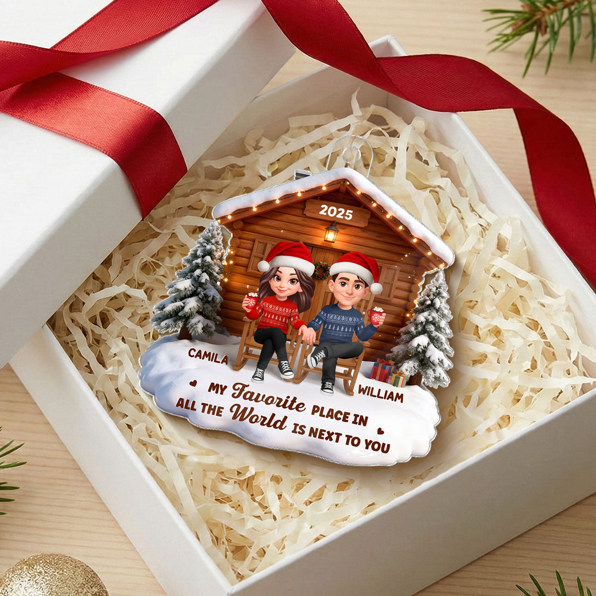3D Effect Christmas Couple Cabin - Personalized Acrylic Ornament - Heartfelt Gift For Couple
