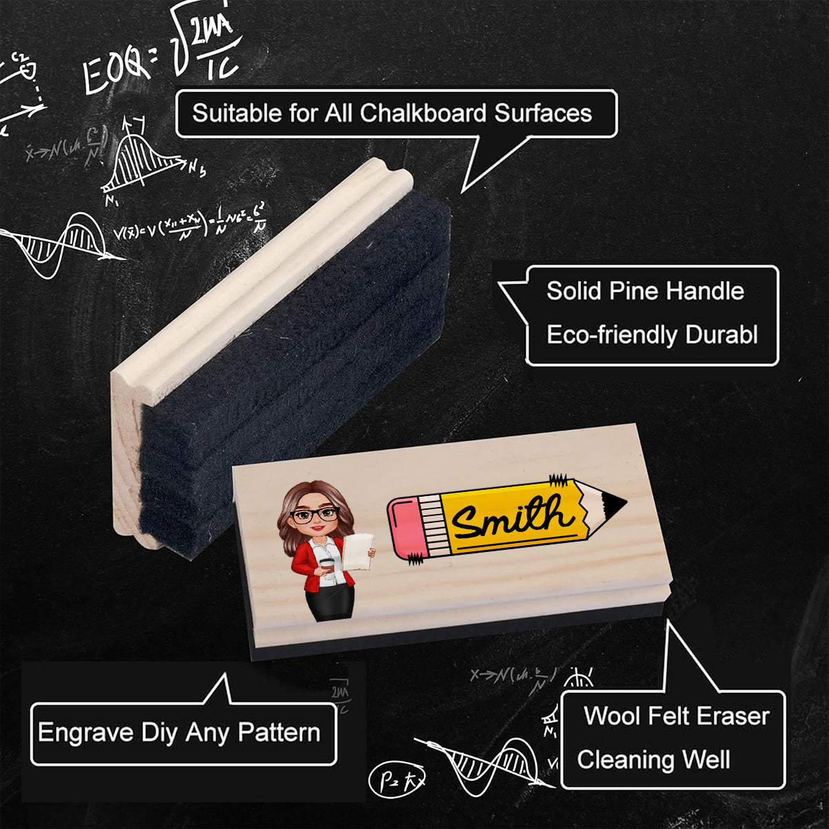 Teacher Sitting Personalized Teacher Whiteboard Eraser, Custom Teacher Appreciation Gifts, Chalkboard Eraser with Marker, Preschool Teacher Name gifts