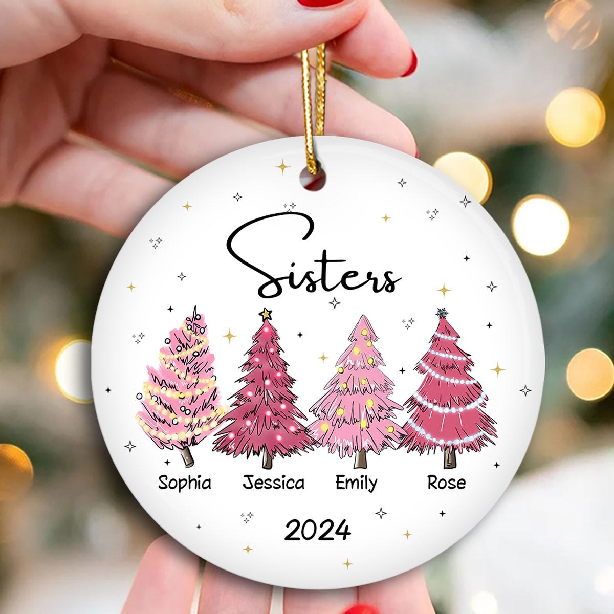 Sisters Besties Pink Christmas Tree Personalized Ceramic Ornament