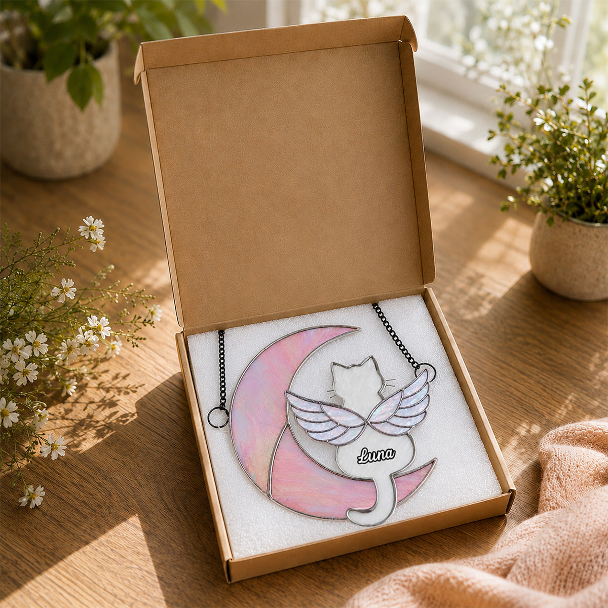 Cat Sitting On Moon Memorial Pet Loss - Personalized Acrylic Window Hanging - Pet Memorial Gift, Pet Loss Sympathy Gift