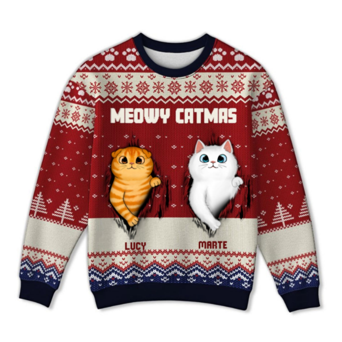 Fluffy Cat Tearing Funny Gift For Cat Lover Personalized Faux Knit Ugly Sweater