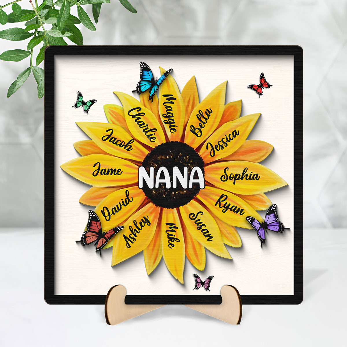 Sunflower Grandma Mom Grandkids Names Personalized 2-Layer Wooden Plaque