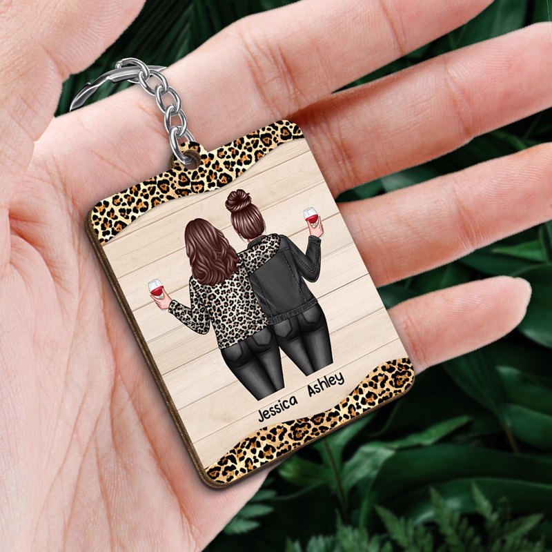 Back View Besties Leopard Gift For Best Friends Matching Personalized Wooden Keychain