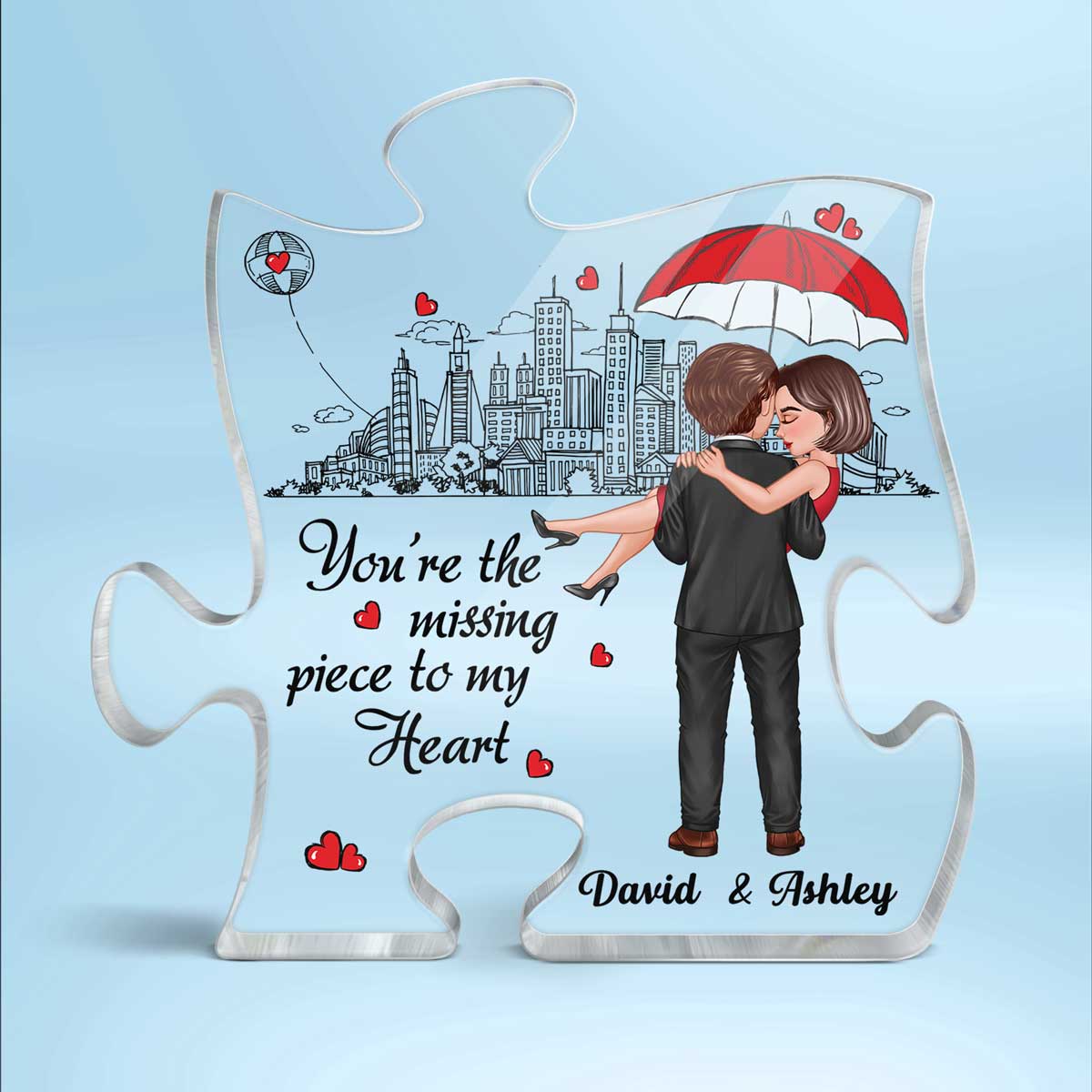 Embracing Hugging Doll Couple Outline Background Personalized Puzzle Acrylic Plaque