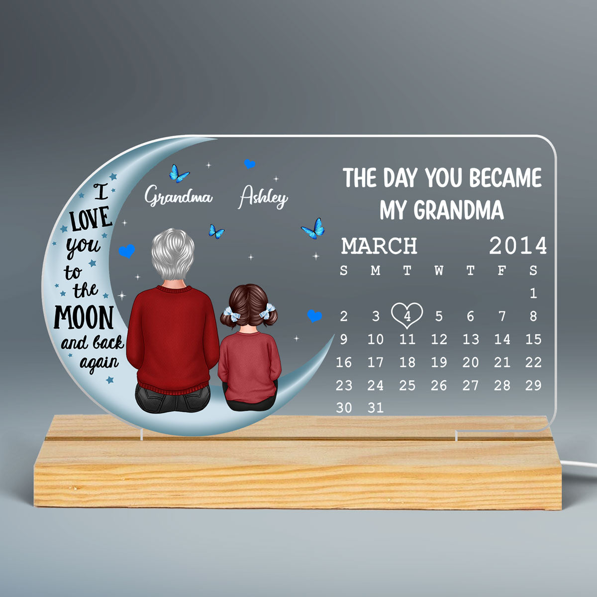 Grandma Grandkid On Blue Moon The Day You Became Birthday Calendar Personalized Custom Shape Acrylic Plaque With LED Night Light