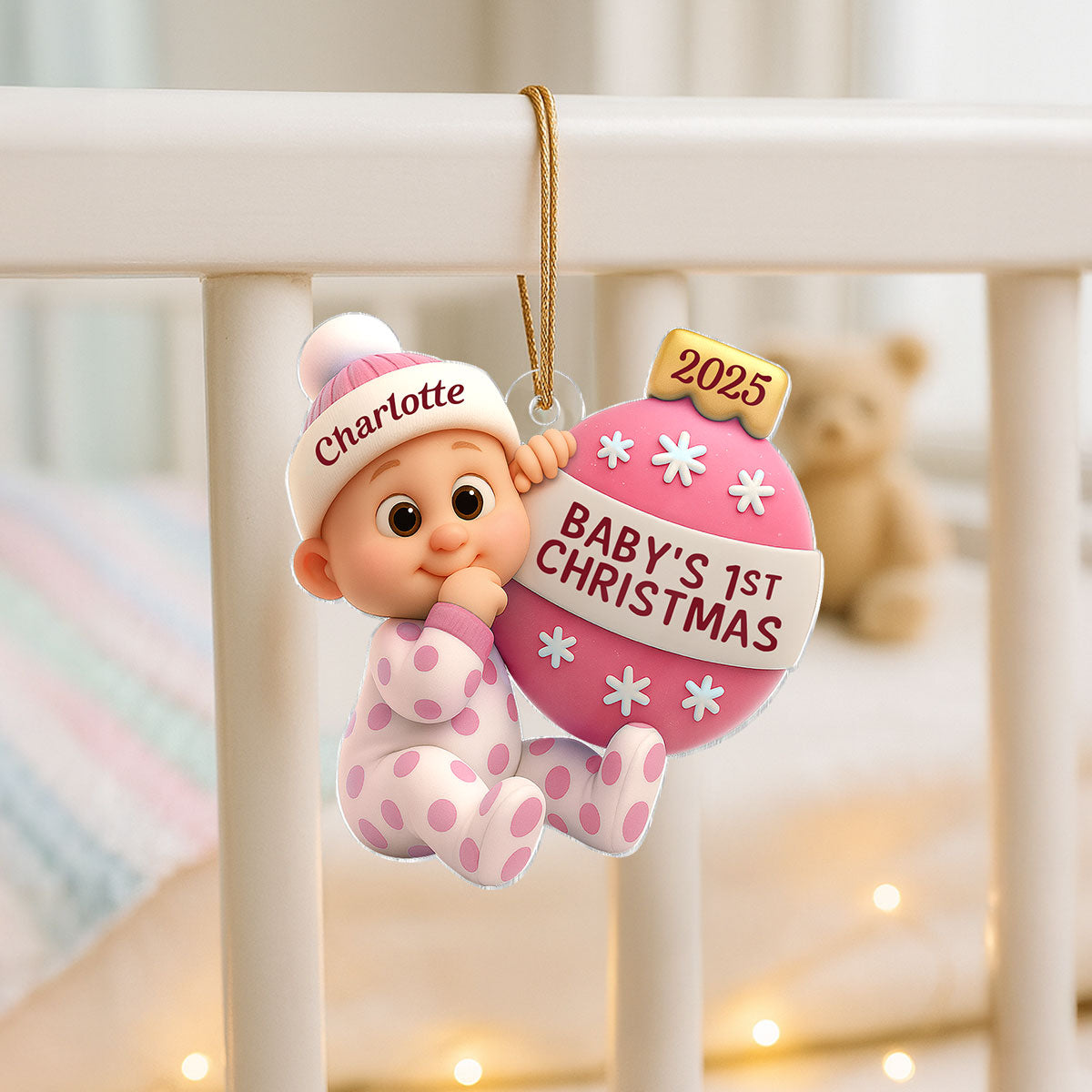 3D Effect Cute Cartoon Baby Beside Christmas Bauble Baby's 1st Christmas Personalized Acrylic Flat Ornament