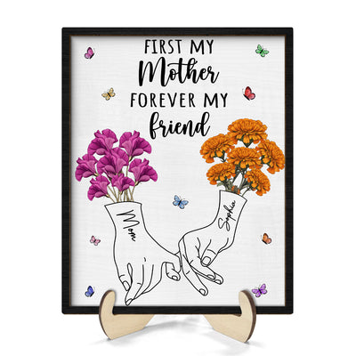 First My Mother Forever My Friend Vintage Birth Month Flowers Gift For Mom 2-Layer Personalized Wooden Plaque