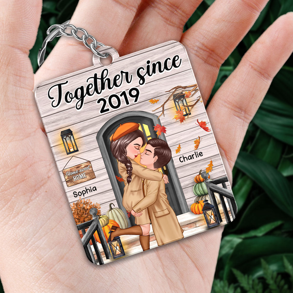 Fall Season Couple Kissing In Front Porch Favorite Song QR Code Personalized Acrylic Keychain