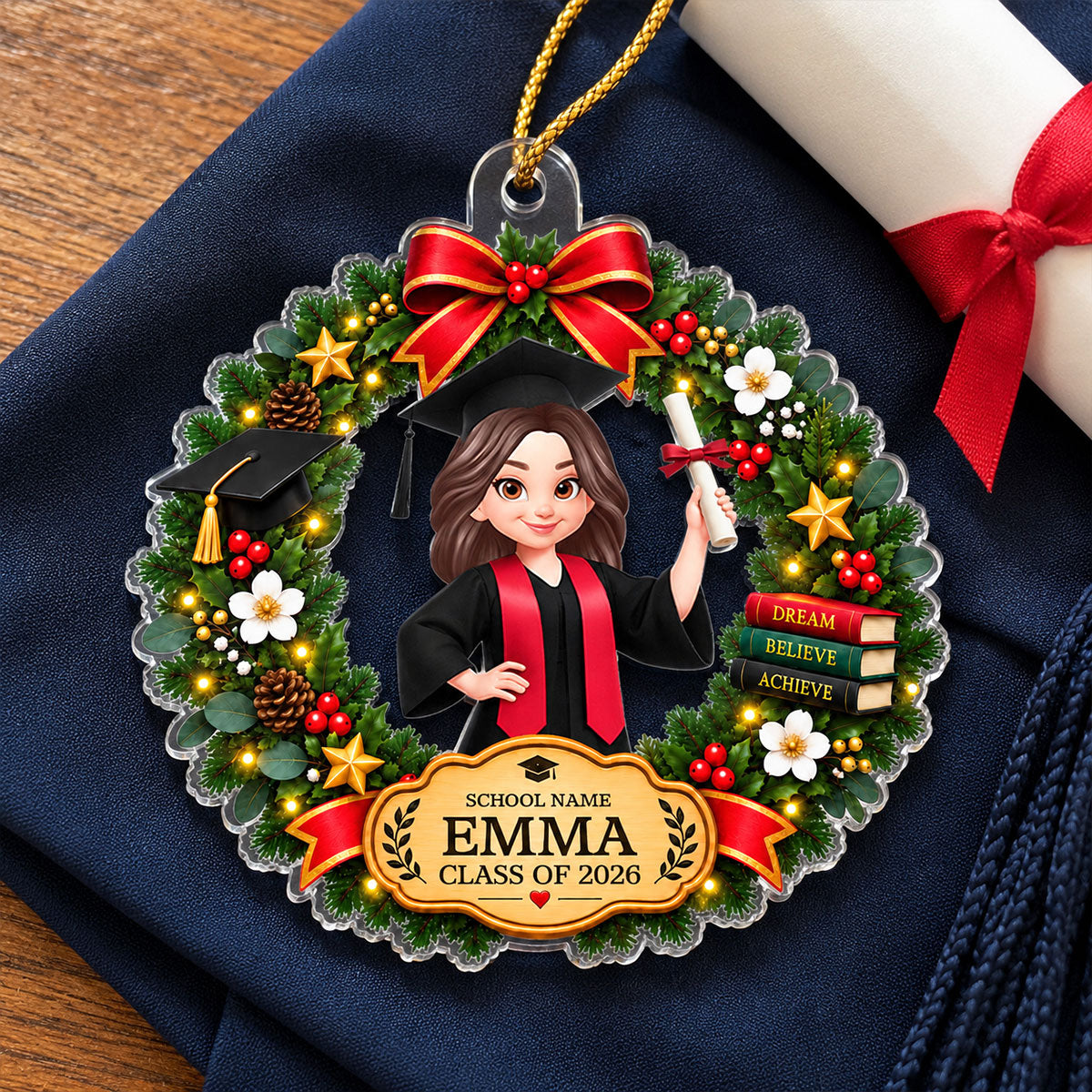 Senior Graduation Wreath 2D Flat - Personalized Acrylic Ornament - Class of 2026 Keepsake, High School Graduate Gift