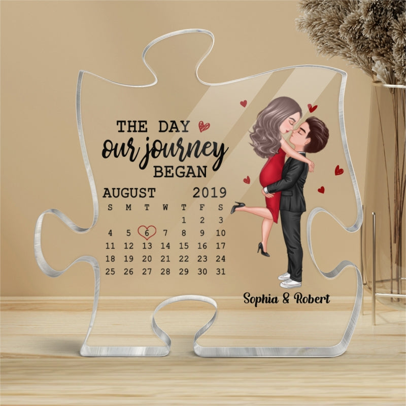 The Day Our Journey Began Couple Kissing Anniversary Date Calendar Personalized Puzzle Acrylic Plaque - Anniversary Gift For Couple - Gift For Him, Gift For Her