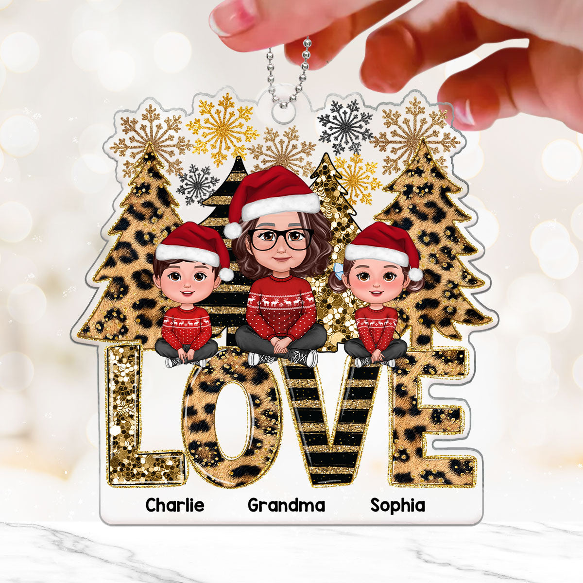 Leopard Stripes Pattern Christmas Tree Grandma Grandkids Personalized Acrylic Ornament
