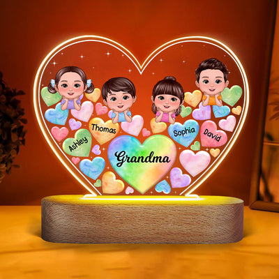 Kids Chin On Hand Hearts In Heart Gift For Mom Grandma Personalized Heart Acrylic LED Night Light