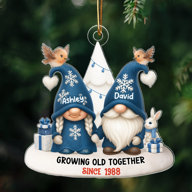 Blue Gnome Christmas Couple Growing Old Together Personalized Acrylic Ornament, Gift for him, Gift for her