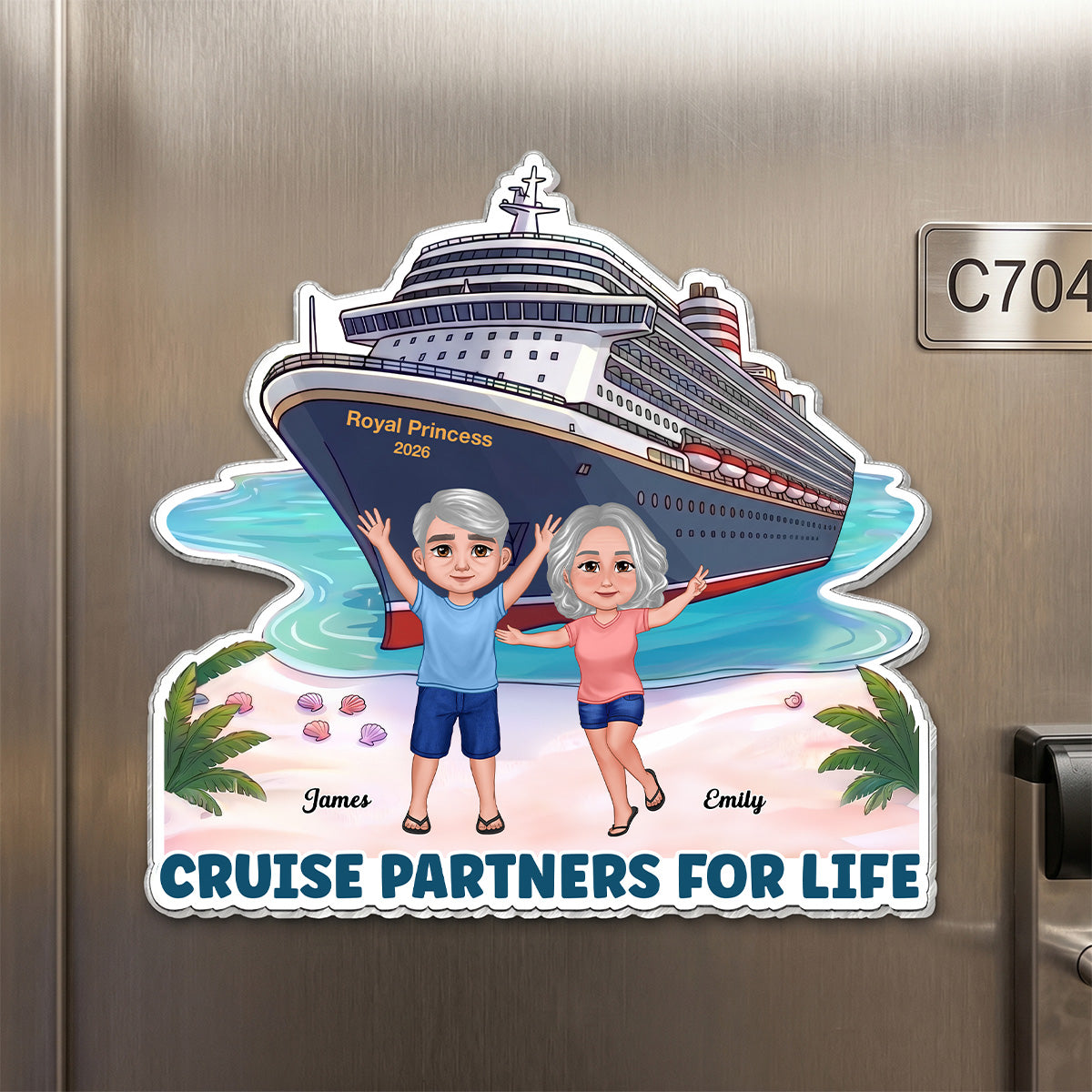 Cruise Trip Happy Couple On The Beach - Personalized Cruise Cabin Door Magnet - Cruise Trip Keepsake
