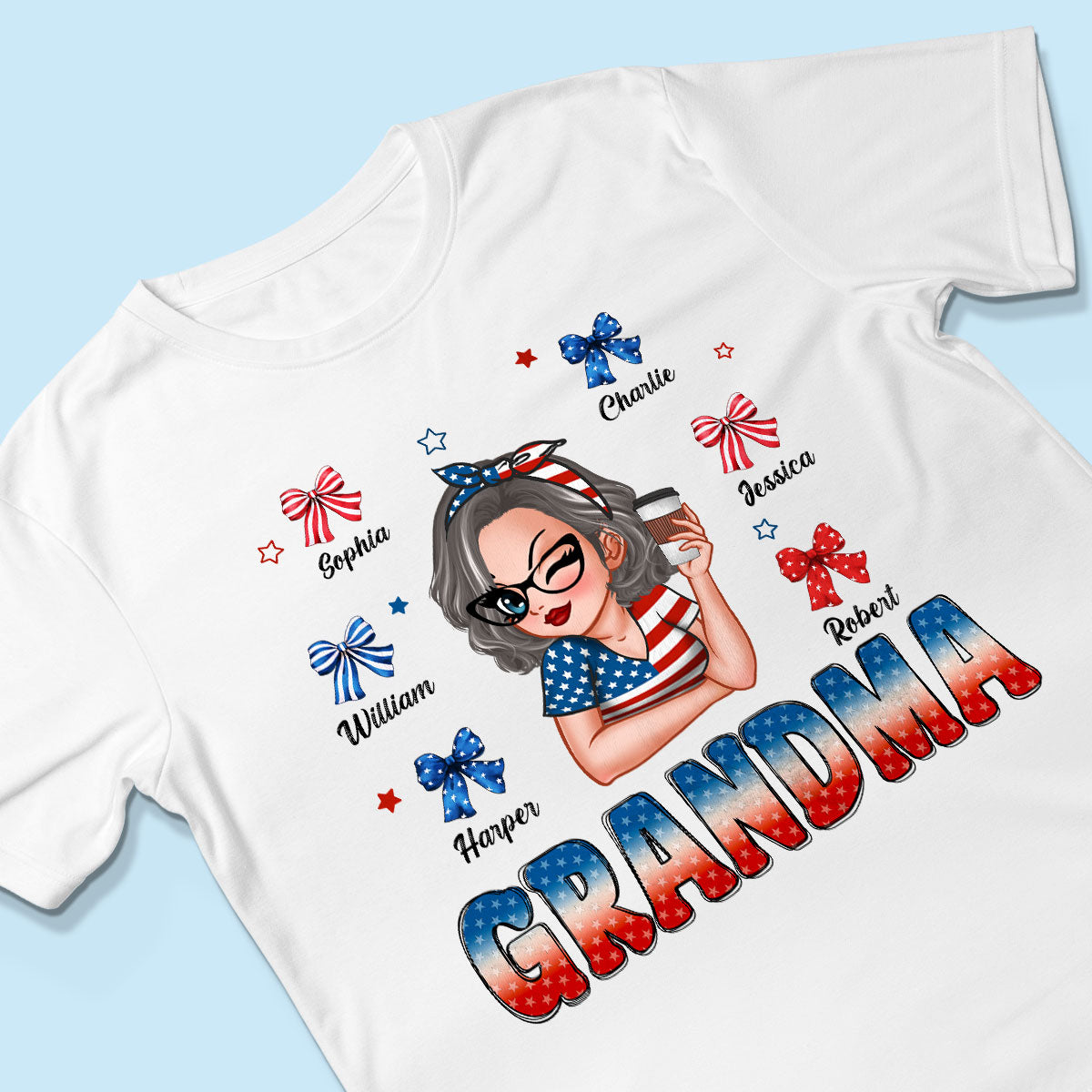 4th Of July Bows Coquette Grandma With Grandkids Names Personalized Shirt