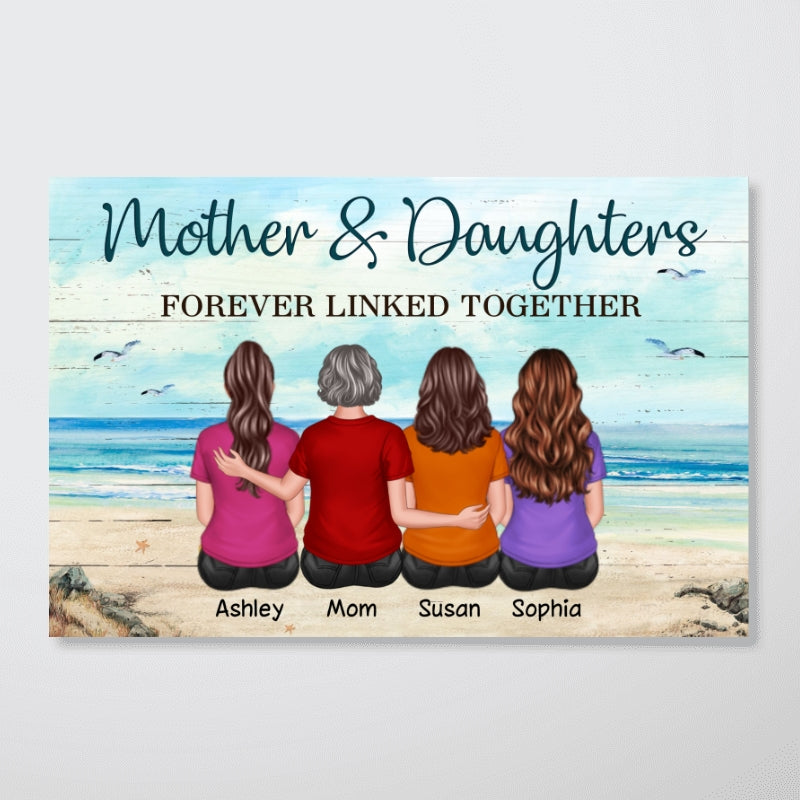 Back View Mother Daughters Sitting Beach Landscape Personalized Horizontal Poster