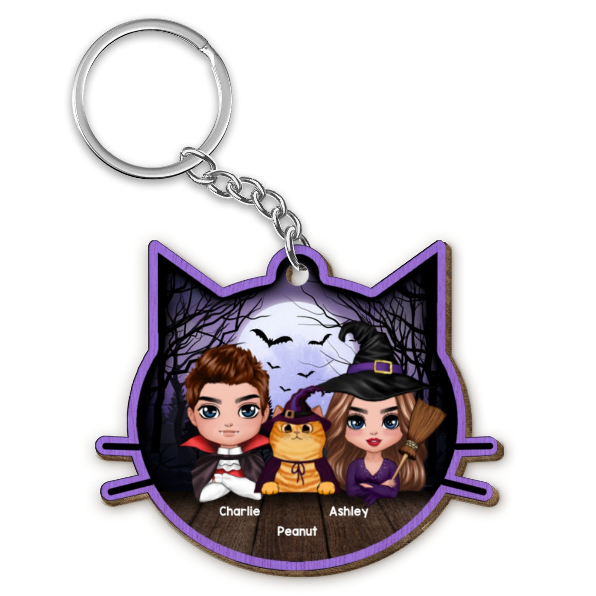 Halloween Couple And Fluffy Cats Cat Face Shape Personalized Wooden Keychain