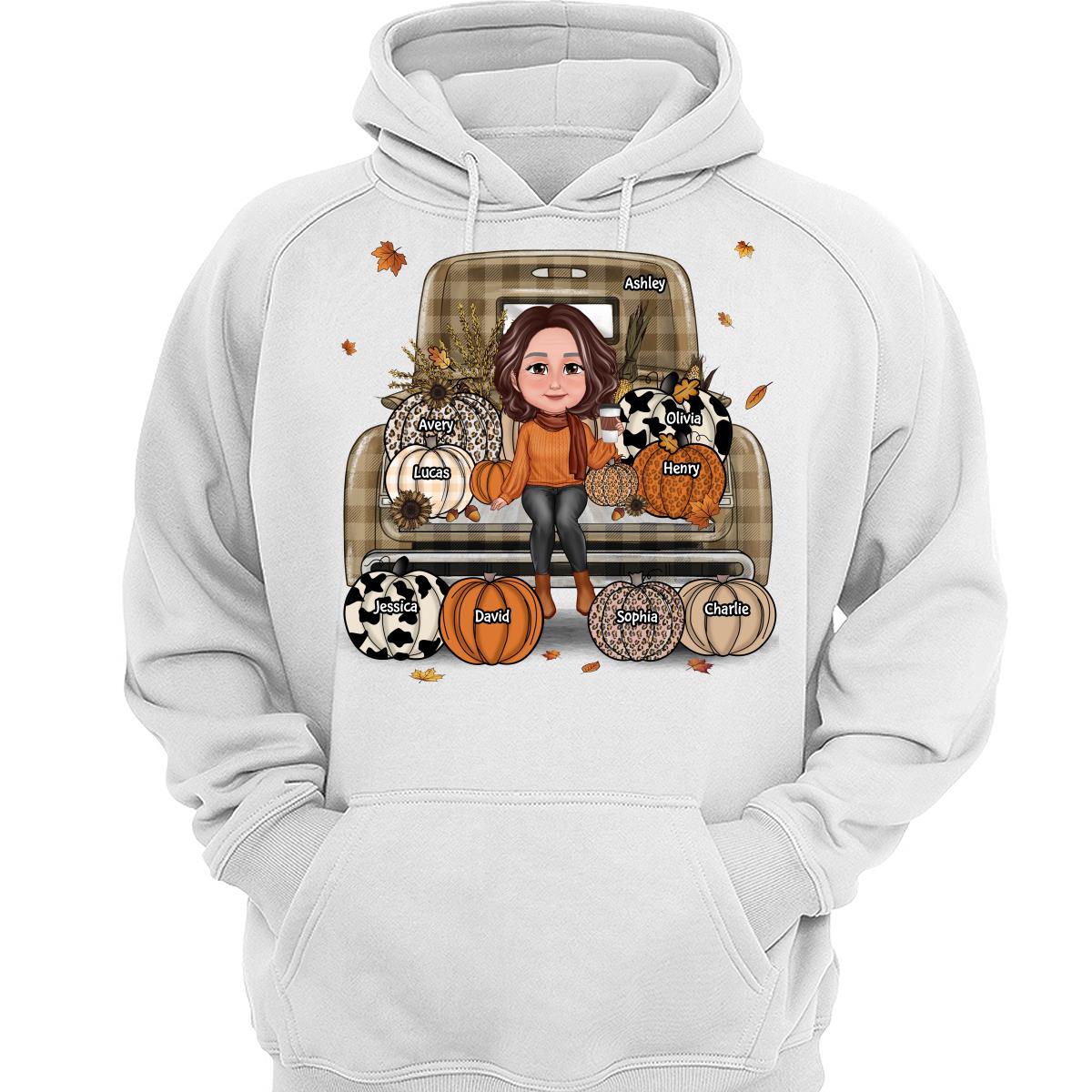 Grandma Mom Fall Season Sitting On Leopard Truck Pumpkins Personalized Shirt