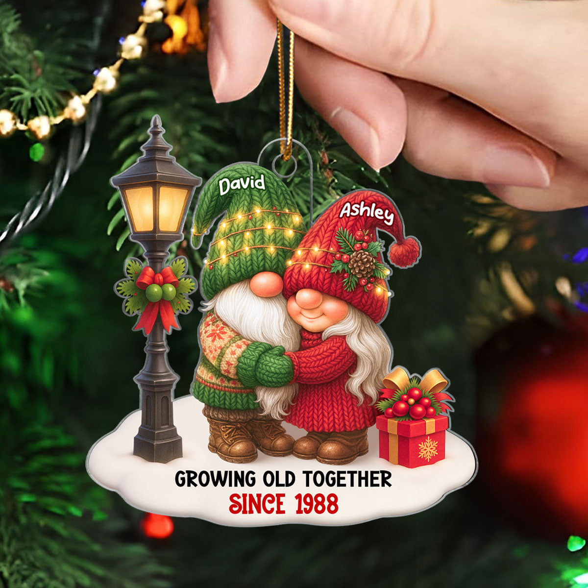 Gnome Christmas Couple Growing Old Together Personalized Acrylic Ornament, Gift for him, for her