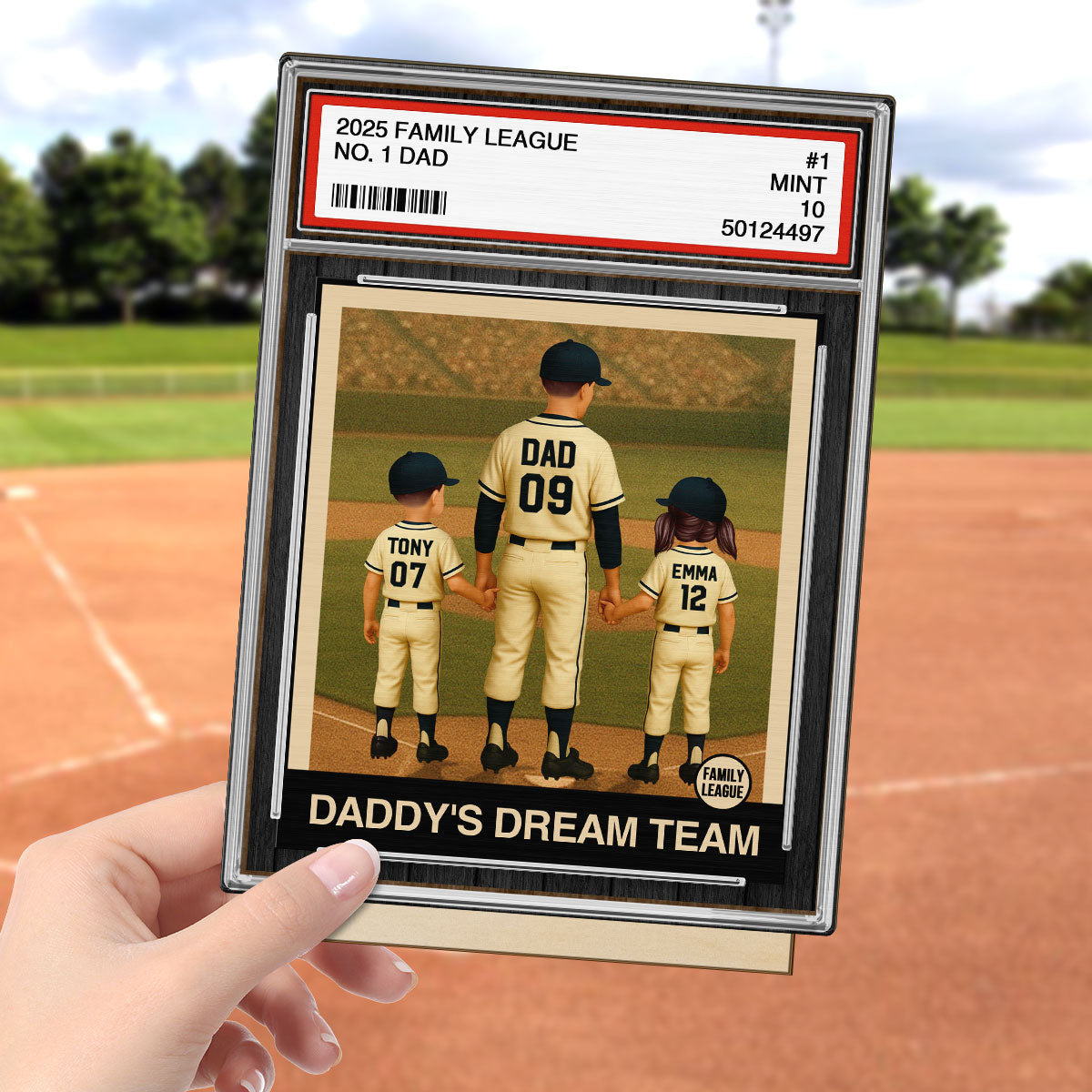 Baseball No. 1 Dad Man & Kids Trading Card Style Personalized 2-Layer Standing Wooden Plaque