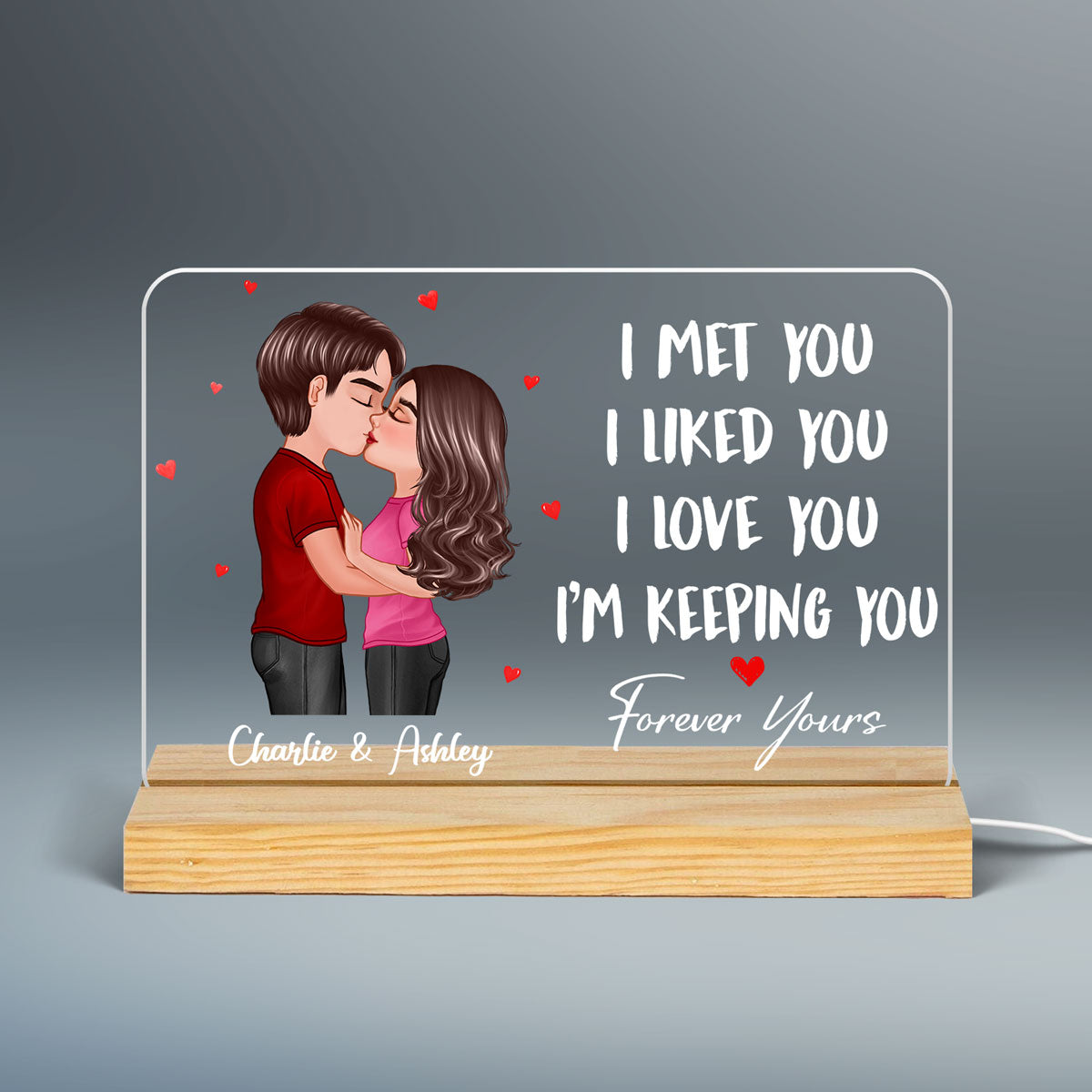 Doll Couple Kissing I Met You Gift For Him For Her Personalized Custom Shape Horizontal Rectangle Acrylic Plaque LED Night Light