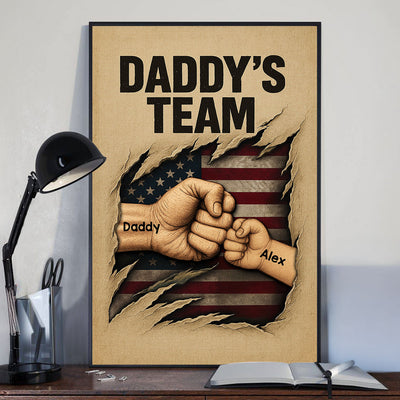 Daddy's Team Fist Bump Torned Flag Personalized Poster, Father's Day Gift for Dad