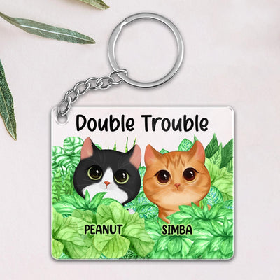 Double Trouble Watercolor Cute Cats Peeking Plant Leaves Personalized Acrylic Keychain