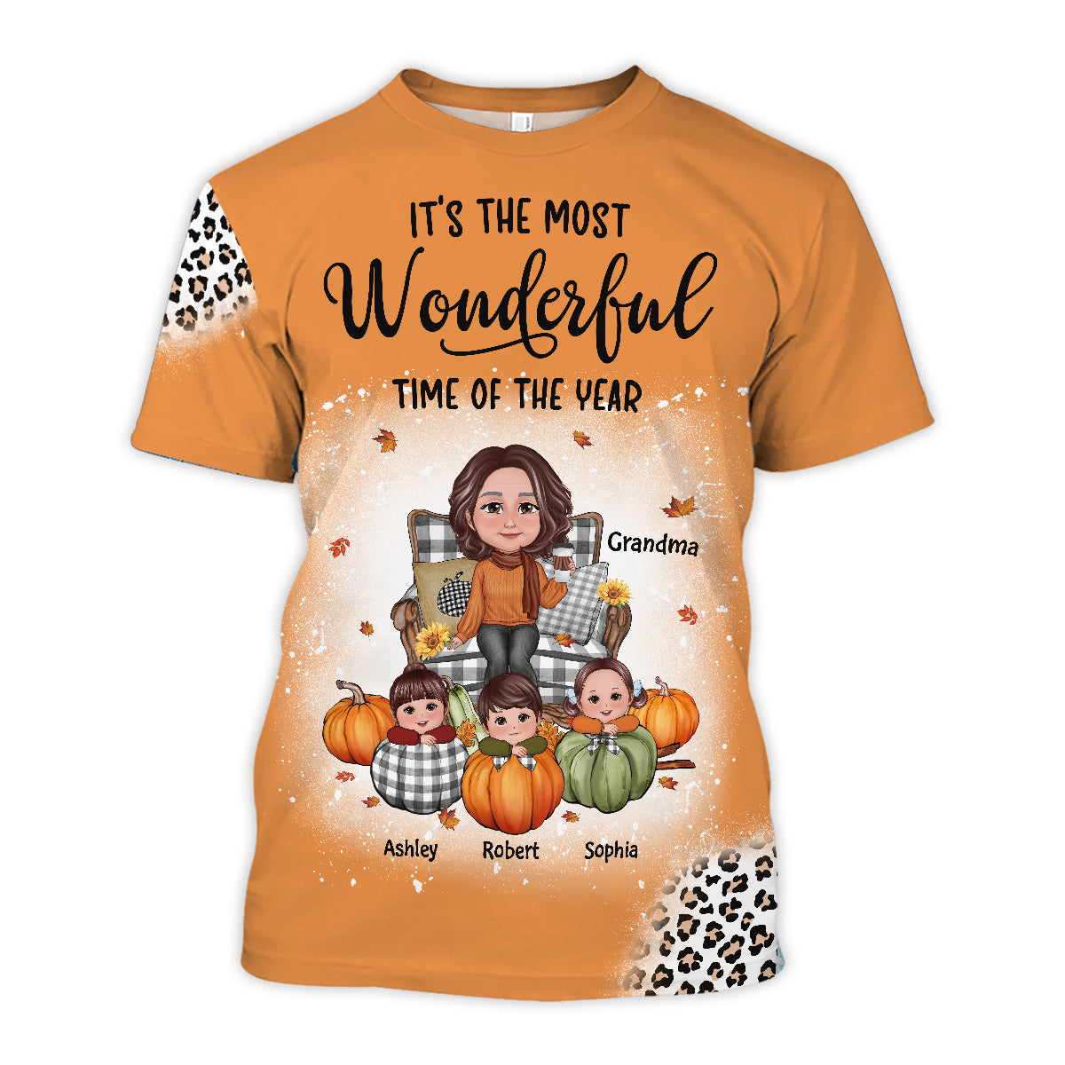 Grandma & Grandkids On Pumpkins Fall Season Theme With Leopard Pattern Personalized Shirt