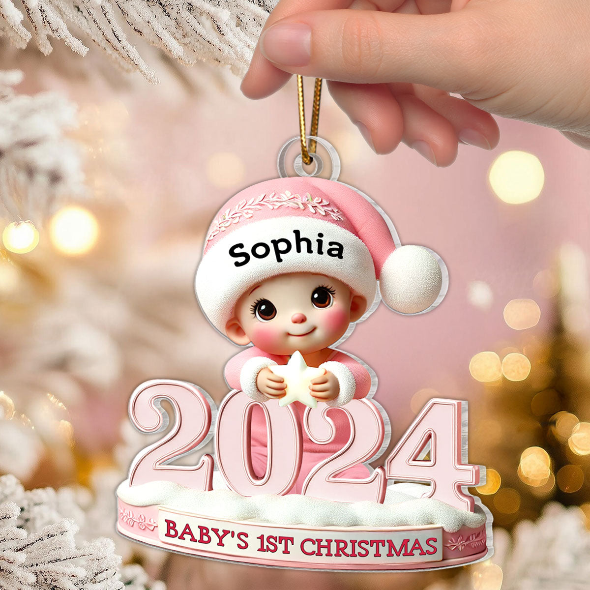 Baby Sitting With 2024 Baby's First Christmas 3D Effect Personalized Acrylic Flat Ornament