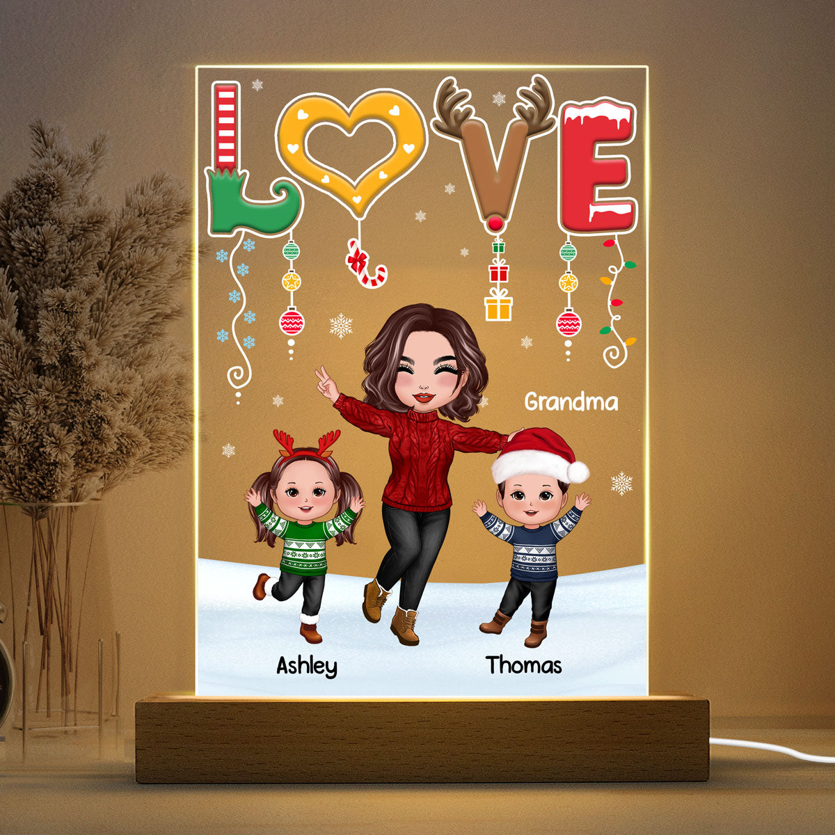 LOVE Happy Christmas Doll Grandma Mom With Kids Personalized Rectangle Acrylic Plaque LED Night Light
