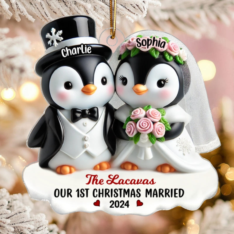3D Effect Penguins Just Married Couple Groom & Bride Wedding First Christmas Together Personalized Acrylic Ornament