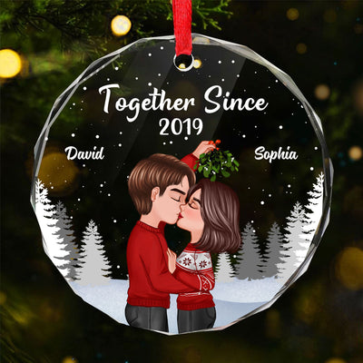 Couple Kissing Under Mistletoe Christmas Night Personalized Glass Ornament