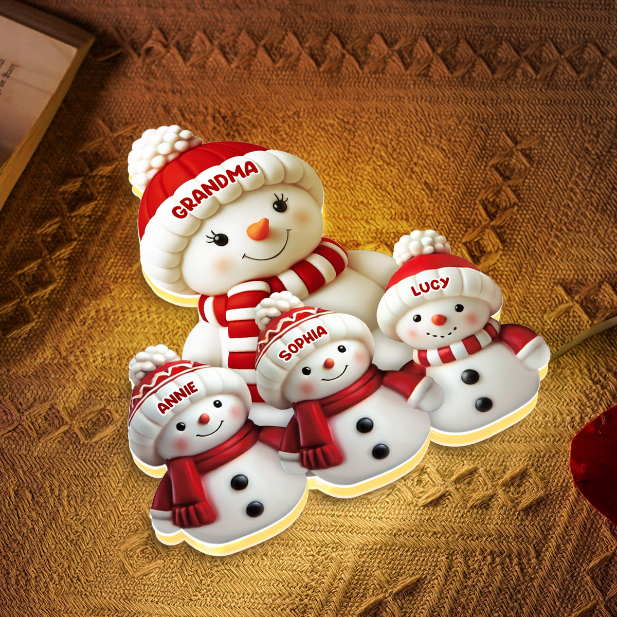 3D Effect Cute Snowman Grandma & Grandkids - Personalized Light Box - Christmas Decor For Family, Grandma