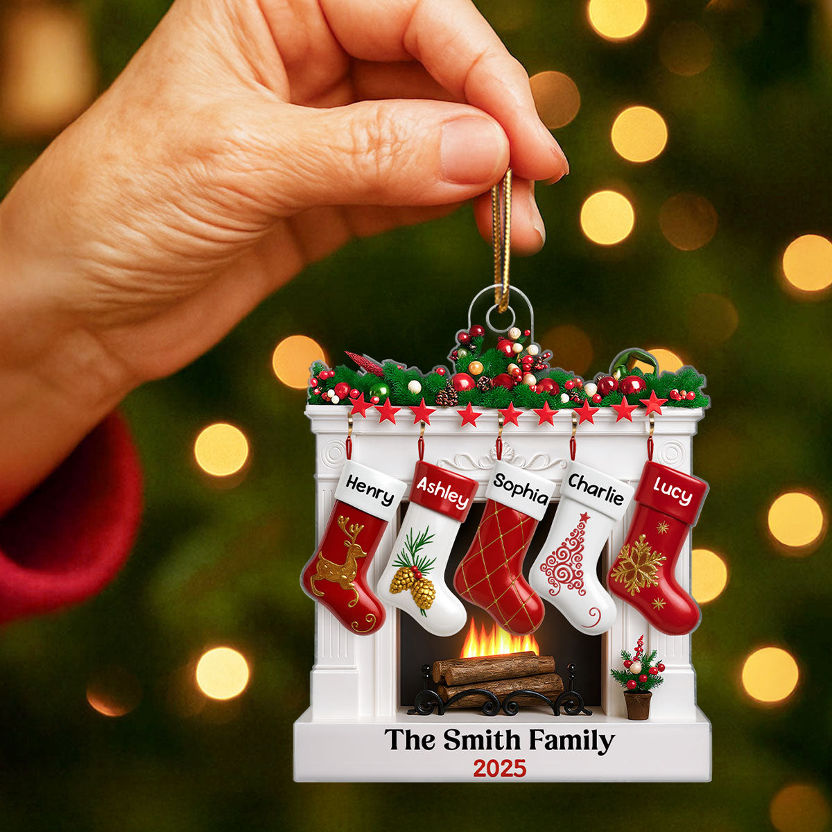 Fireplace Stocking Family Personalized Christmas Ornament, 3D Effect Ornament, Custom Family Name