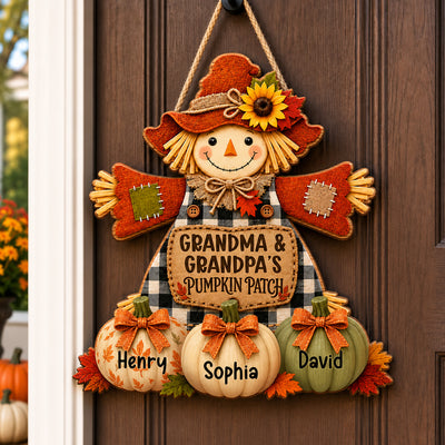 Grandma & Grandpa's Pumpkin Patch Scarecrow - Personalized Wooden Door Sign - Fall Front Porch Decor