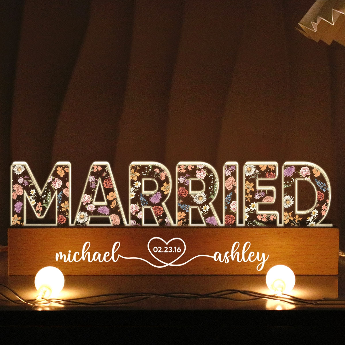Personalized Couple Wedding Married Floral Theme Anniversary Gift Acrylic Block LED Night Light, Heartfelt 2025  Gift, For Him, For Her, For Husband, For Wife