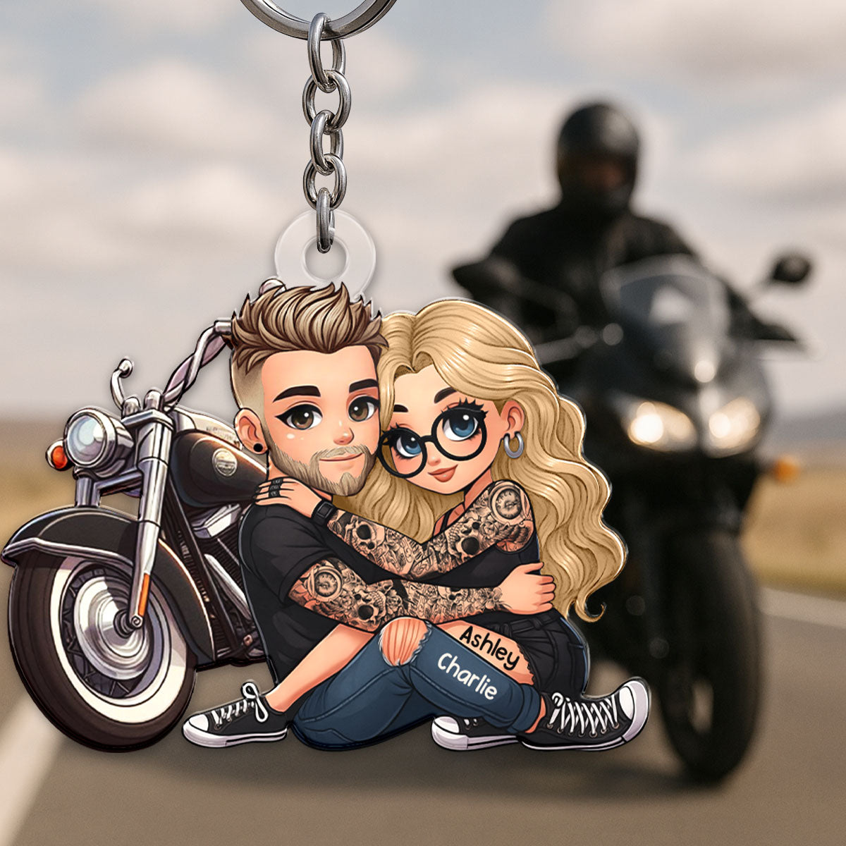 Biker 3D Cartoon Effect Couple Personalized Acrylic Keychain, Gift for her, Gift for him, Motorcycle Lovers