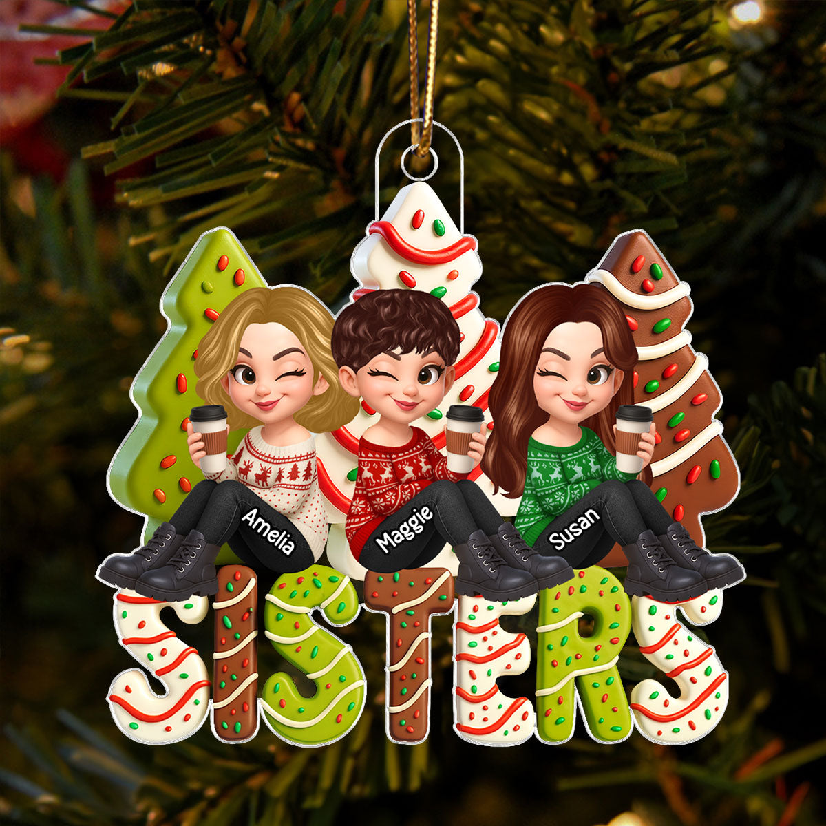 3D Effect Christmas Tree Cake Besties Sisters Personalized Acrylic Ornament, Christmas gift for Besties Sisters