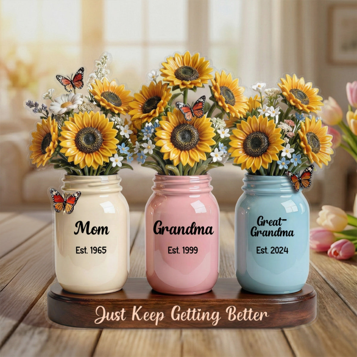 Mom Grandma Great Grandma Sunflowers Jars Est. Years 2D Flat - Personalized Acrylic Block Plaque