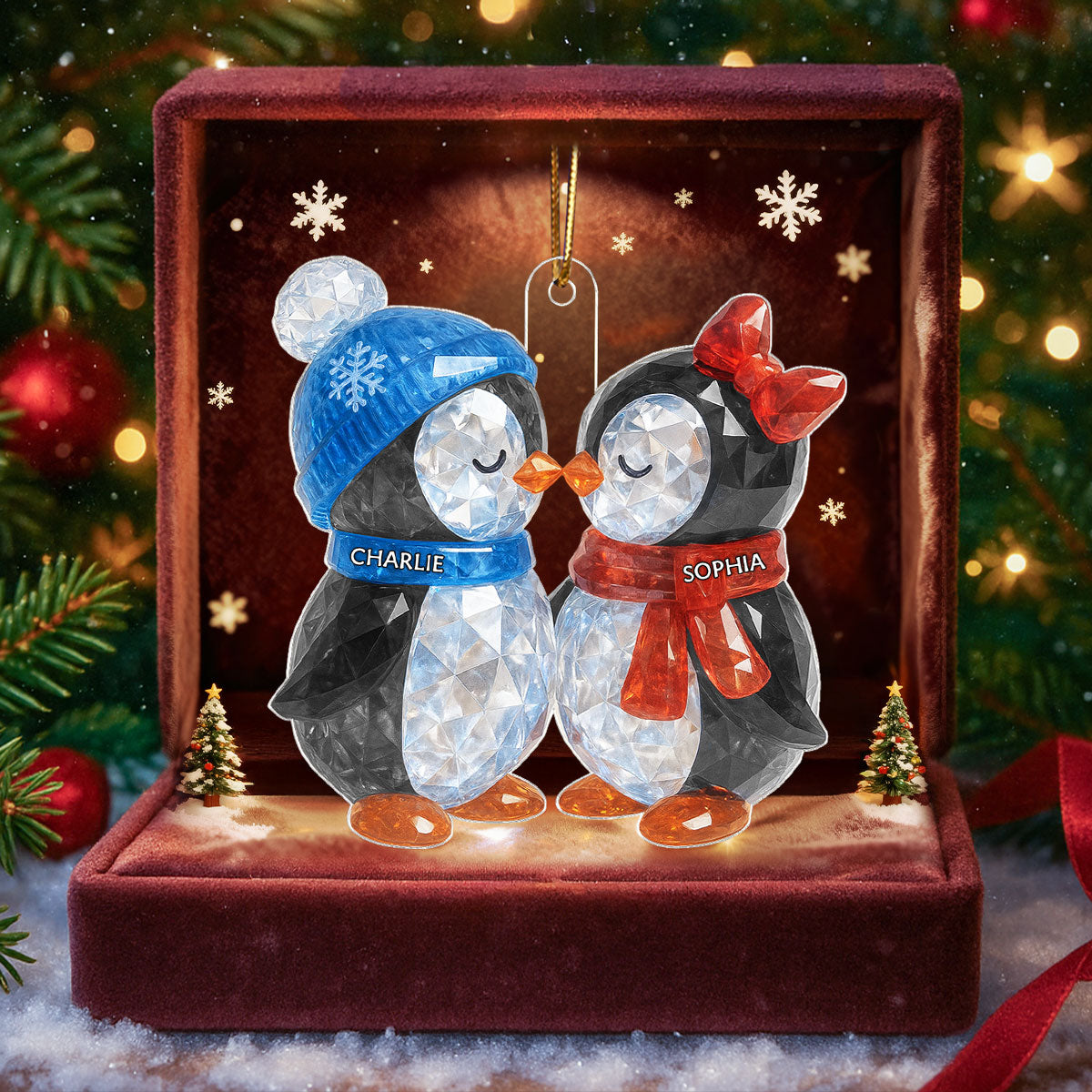 Christmas Penguins Couple 3D Crystal Effect Personalized Acrylic Ornament - Heartwarming Christmas Gift for Couple