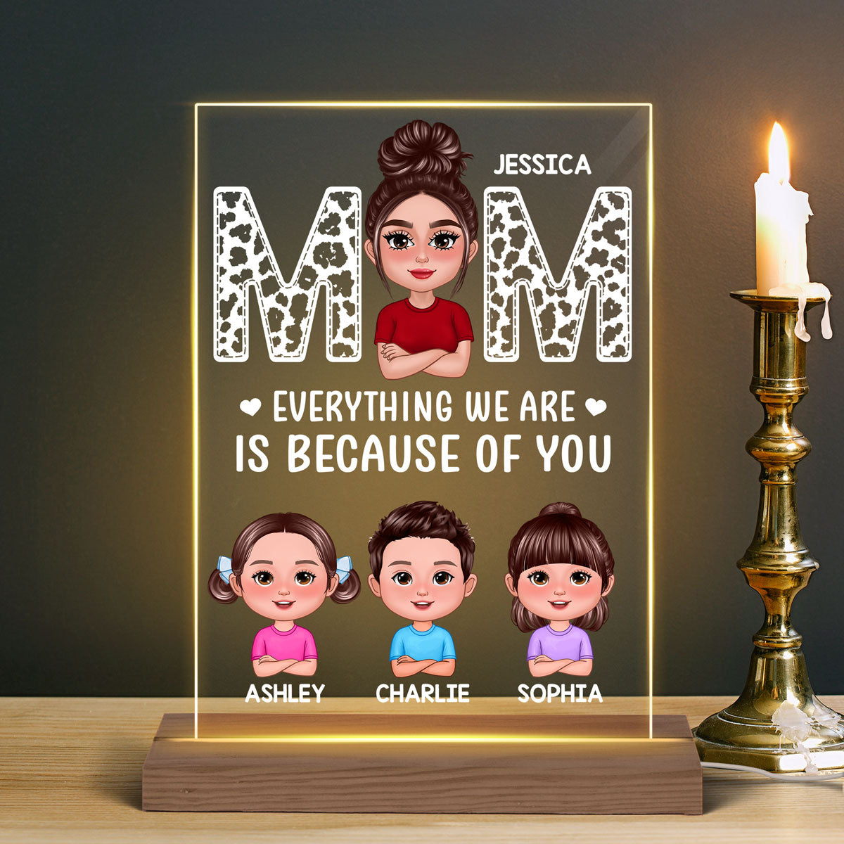 Pretty Doll Mom And Kids Leopard Personalized Rectangle Acrylic LED Night Light